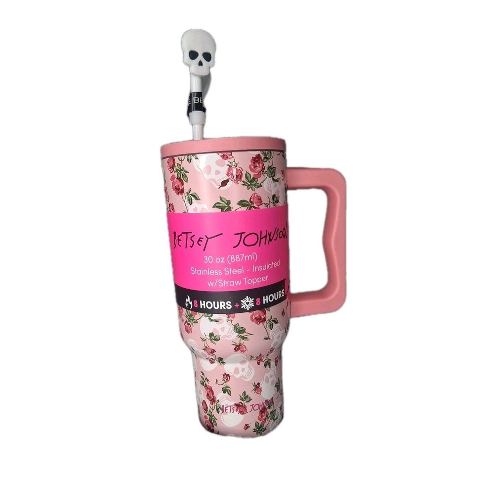 NWT Betsey Johnson 30 oz Hot Cold Pink Skull Floral Roses Tumbler Cup Gothic